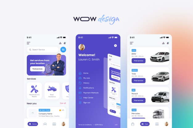 mobile app design for  car maintenance, car insurance and road intervention